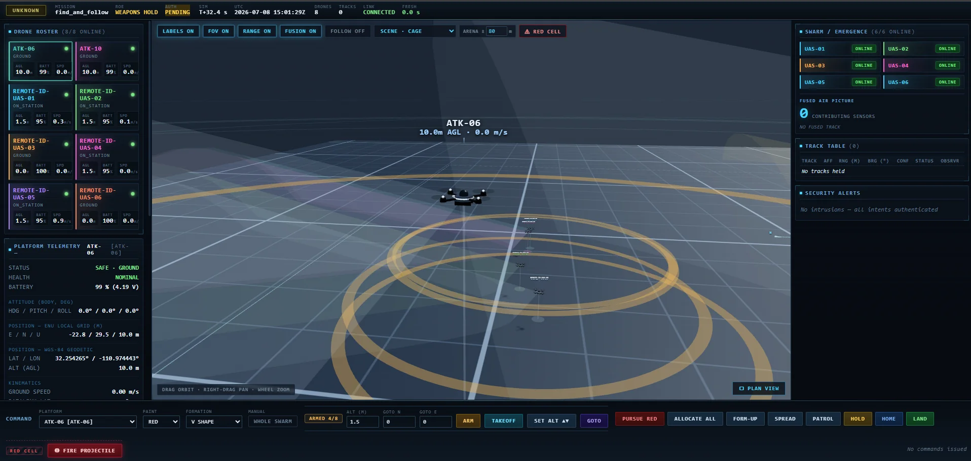 SIMULACRUM airspace view: a UAS team holding a shared track through denial